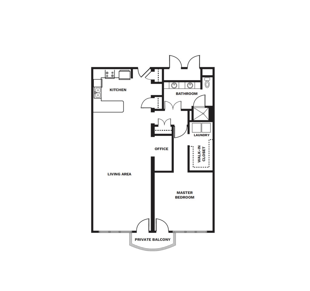 An illustrated One Bedroom Deluxe B floor plan image.
