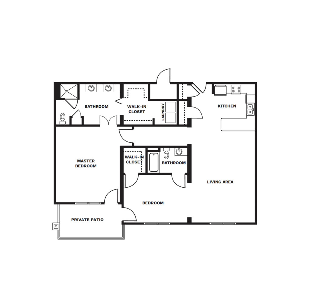 An illustrated Two Bedroom Two Bath A floor plan image.