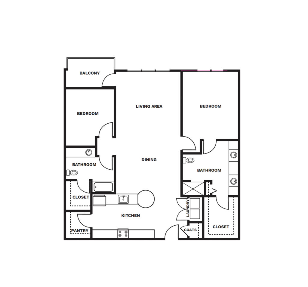An illustrated Two Bedroom Two Bath B floor plan image.