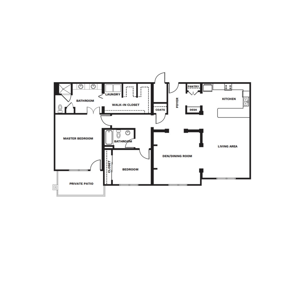 An illustrated Two Bedroom Two Bath floor plan image.