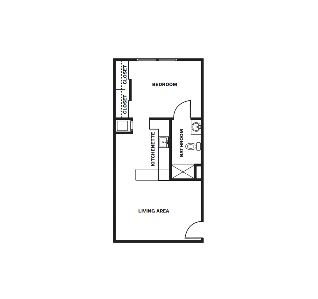 An illustrated One Bedroom – Courtyard floor plan image.
