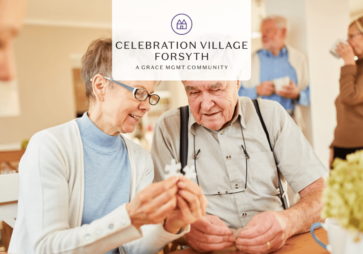 Two seniors at a bright community center sit at a table, examining puzzle pieces together.